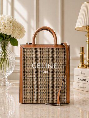 Authentic Celine Cabas Tote Bag Logo Canvas Leather Brown Large Shopper Luxury